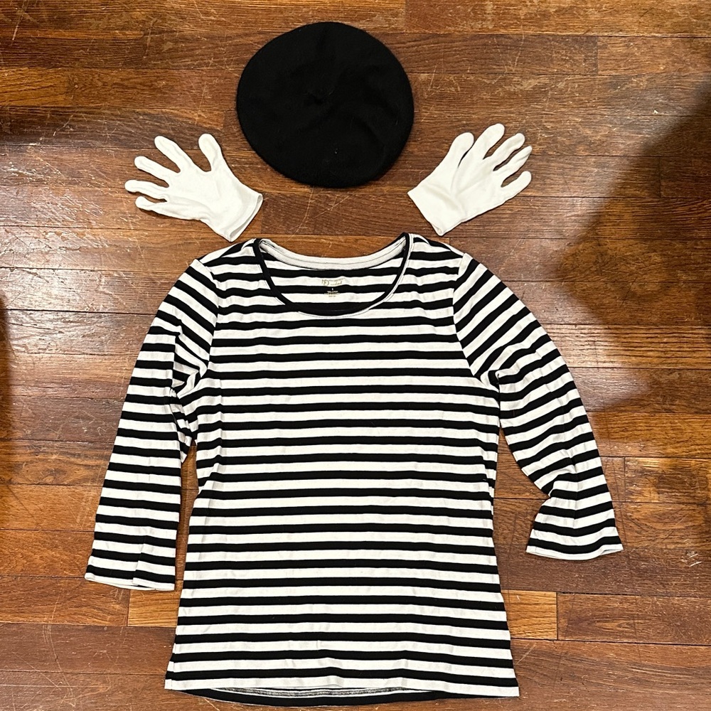 Mime costume!  Black and White Striped Top with Beret and Gloves